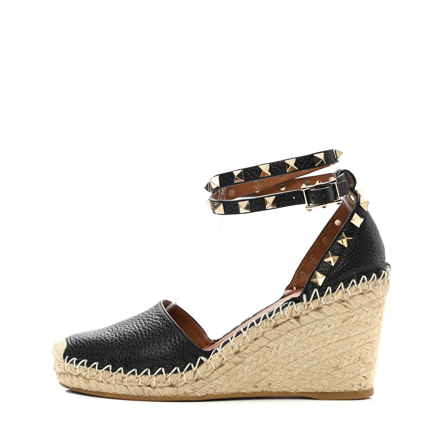 Valentino Garavani Grained Calfskin Rockstud Ankle Wrap Espadrille 15/85mm Wedges 36 Black Light Cuir 1 of 8