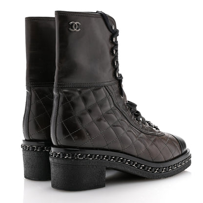 Chanel Calfskin Quilted Chain Around Combat Boots 39.5 Dark Brown 5 of 11