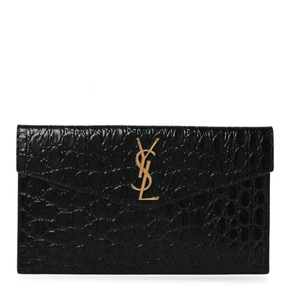 Saint Laurent Calfskin Crocodile Embossed Uptown Monogram Pouch Black 1 of 8