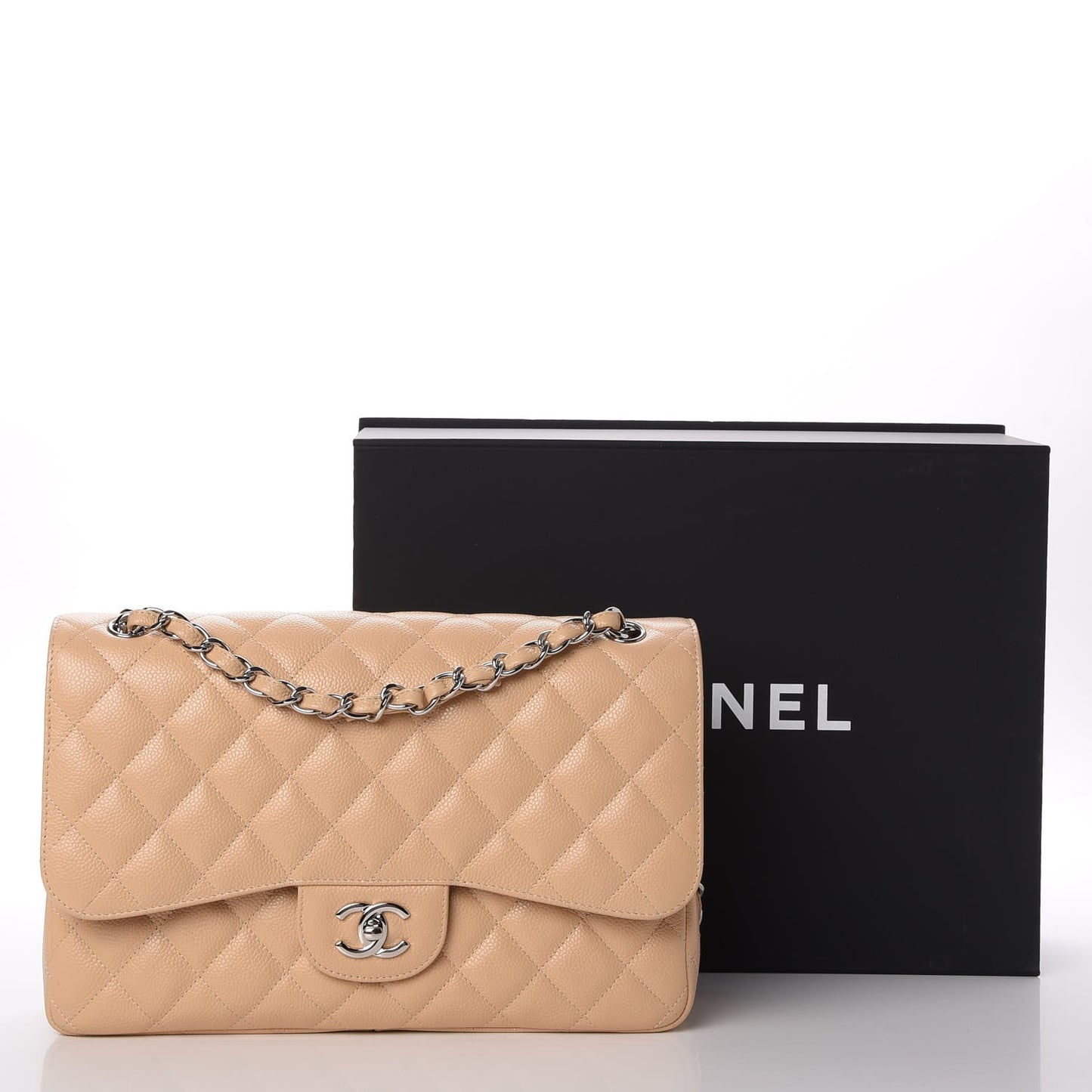Caviar Quilted Jumbo Double Flap Beige Clair