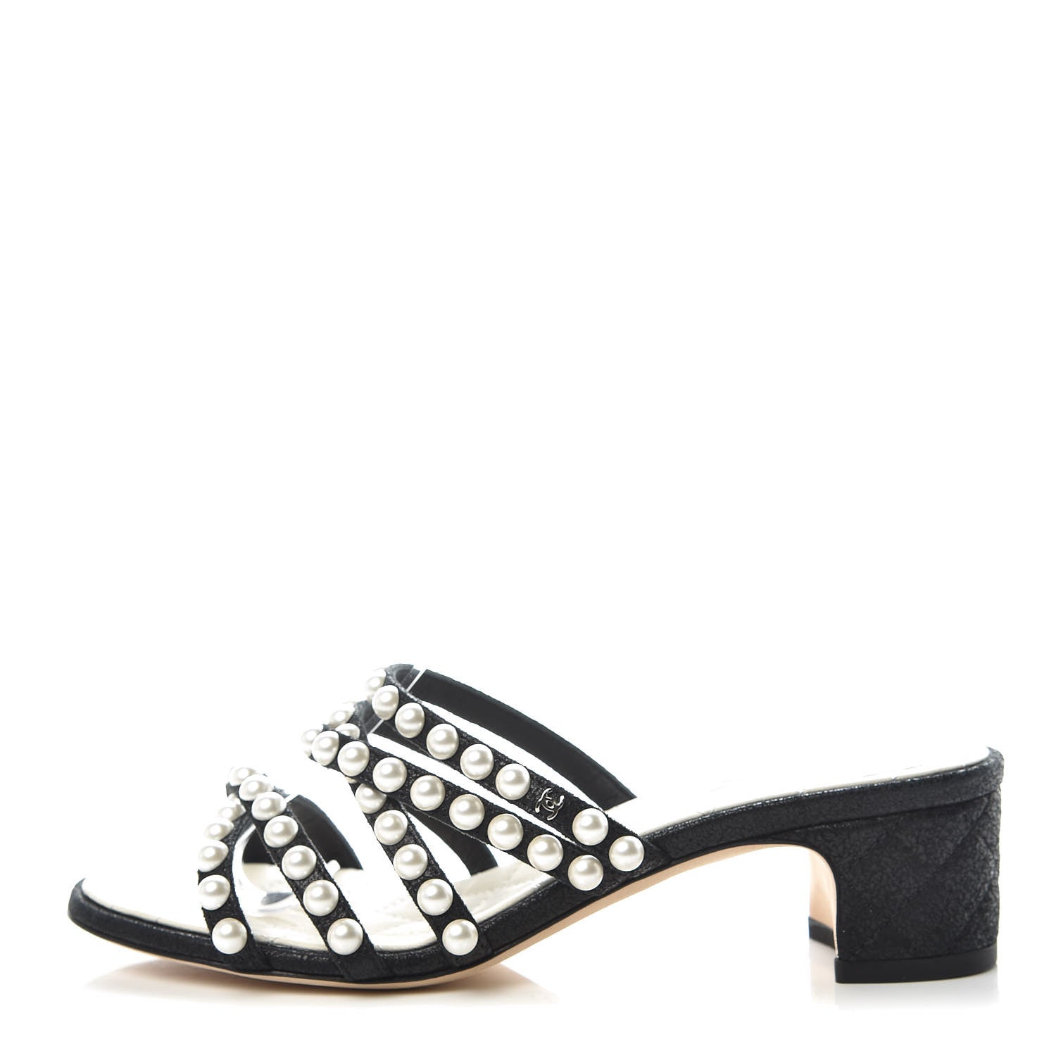Chanel Crackled Lambskin Pearl Mules 35.5 Black 1 of 8