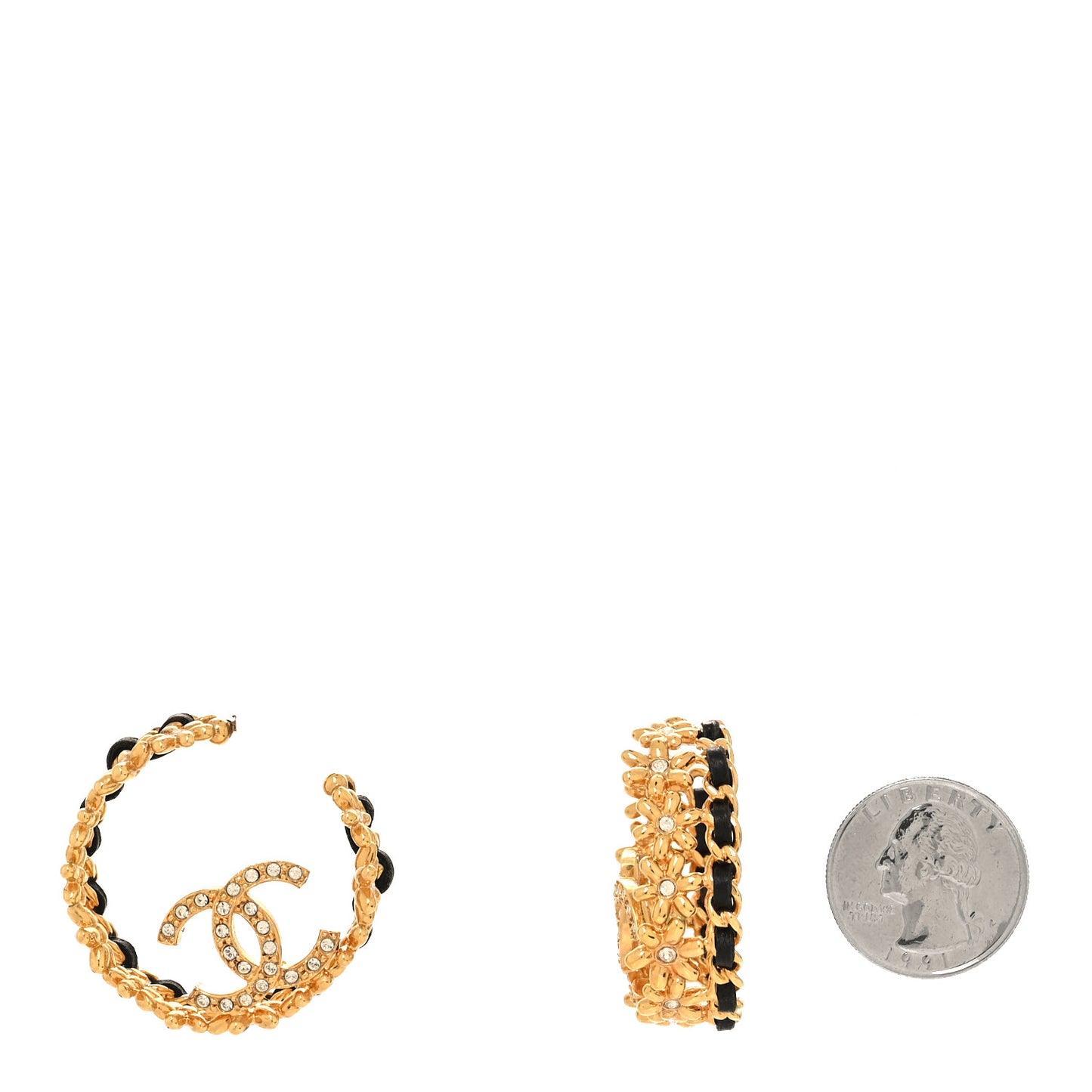 Lambskin Chain Crystal CC Flower Hoop Earrings Gold Black