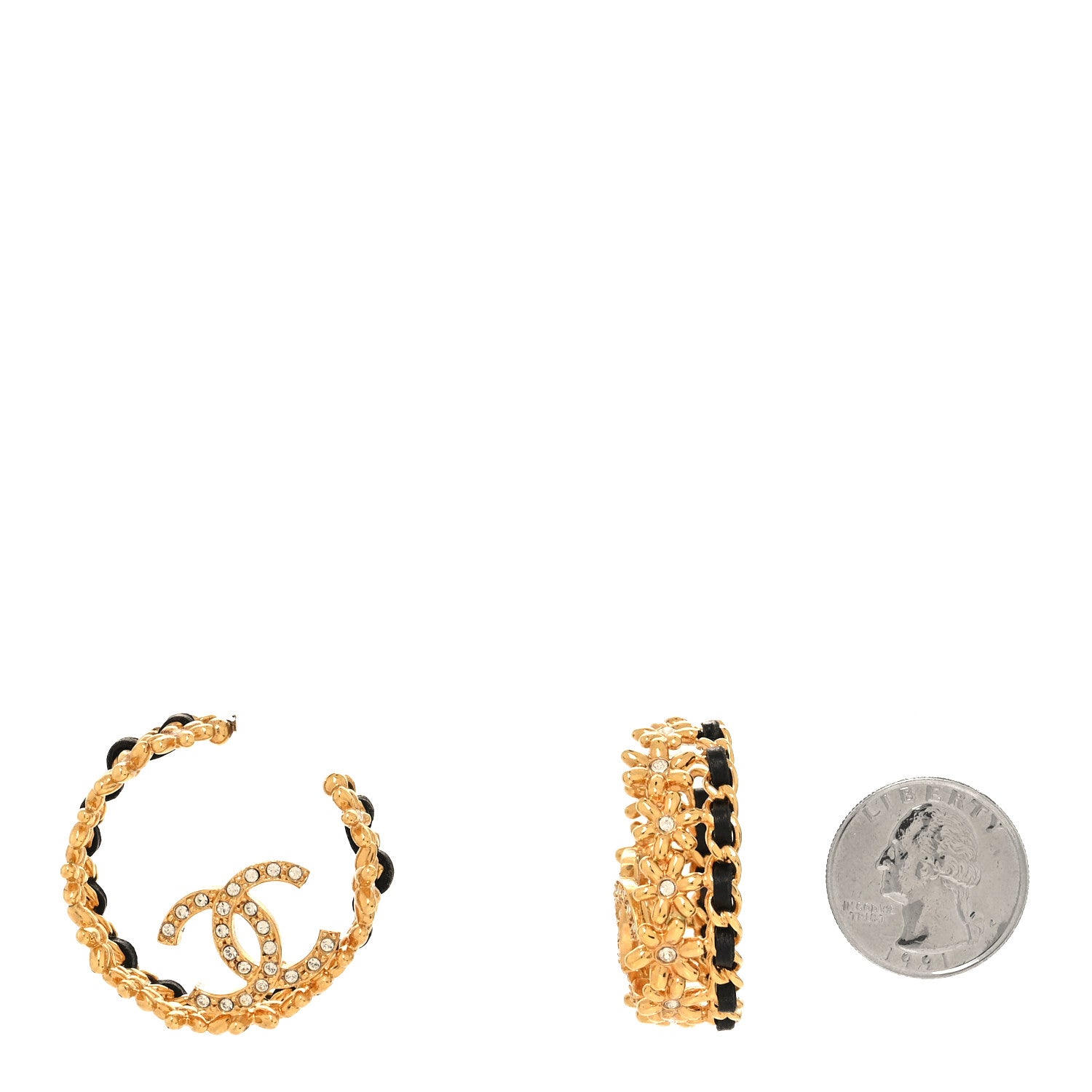 Chanel Lambskin Chain Crystal CC Flower Hoop Earrings Gold Black 2 of 5