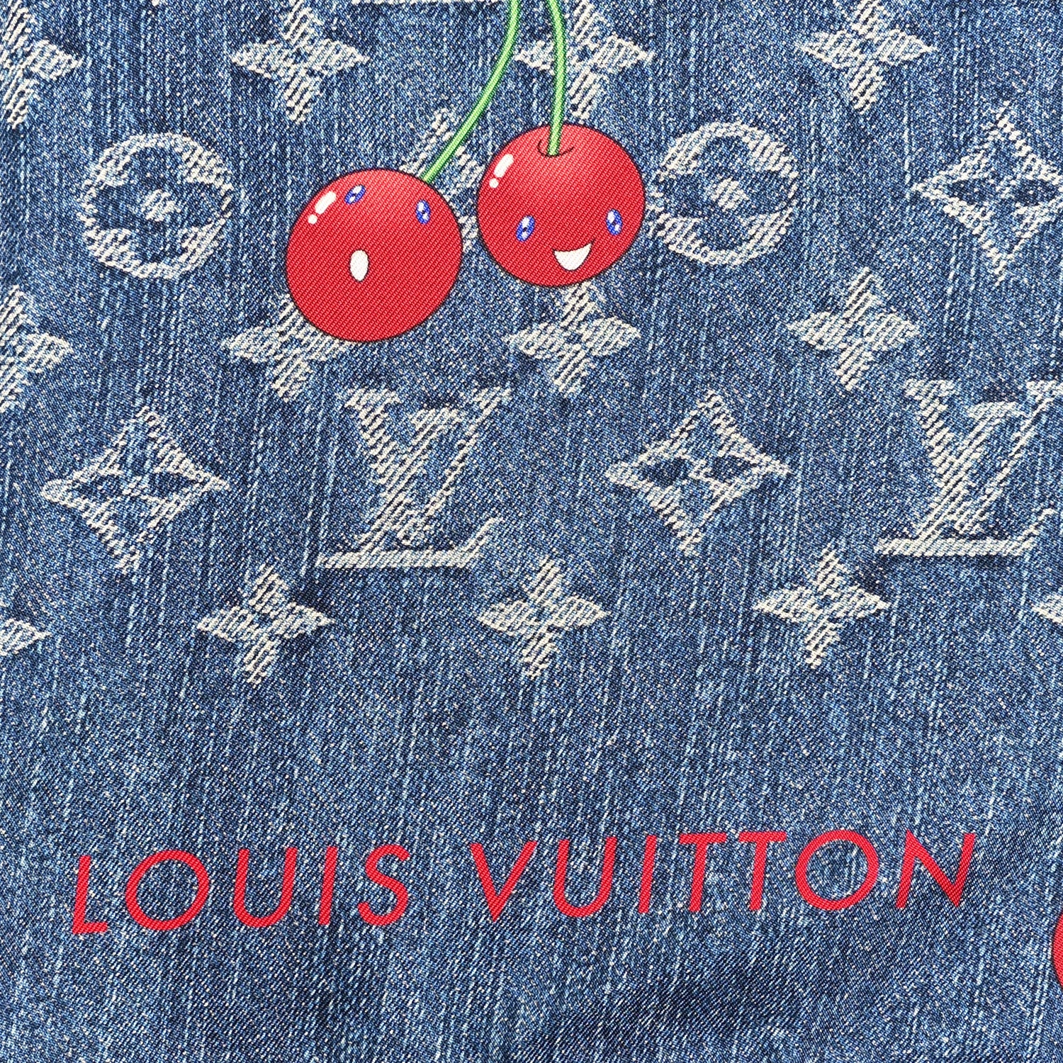 Louis Vuitton LV X TM Silk Monogram Cerises Square Scarf 90 Denim Blue 3 of 3