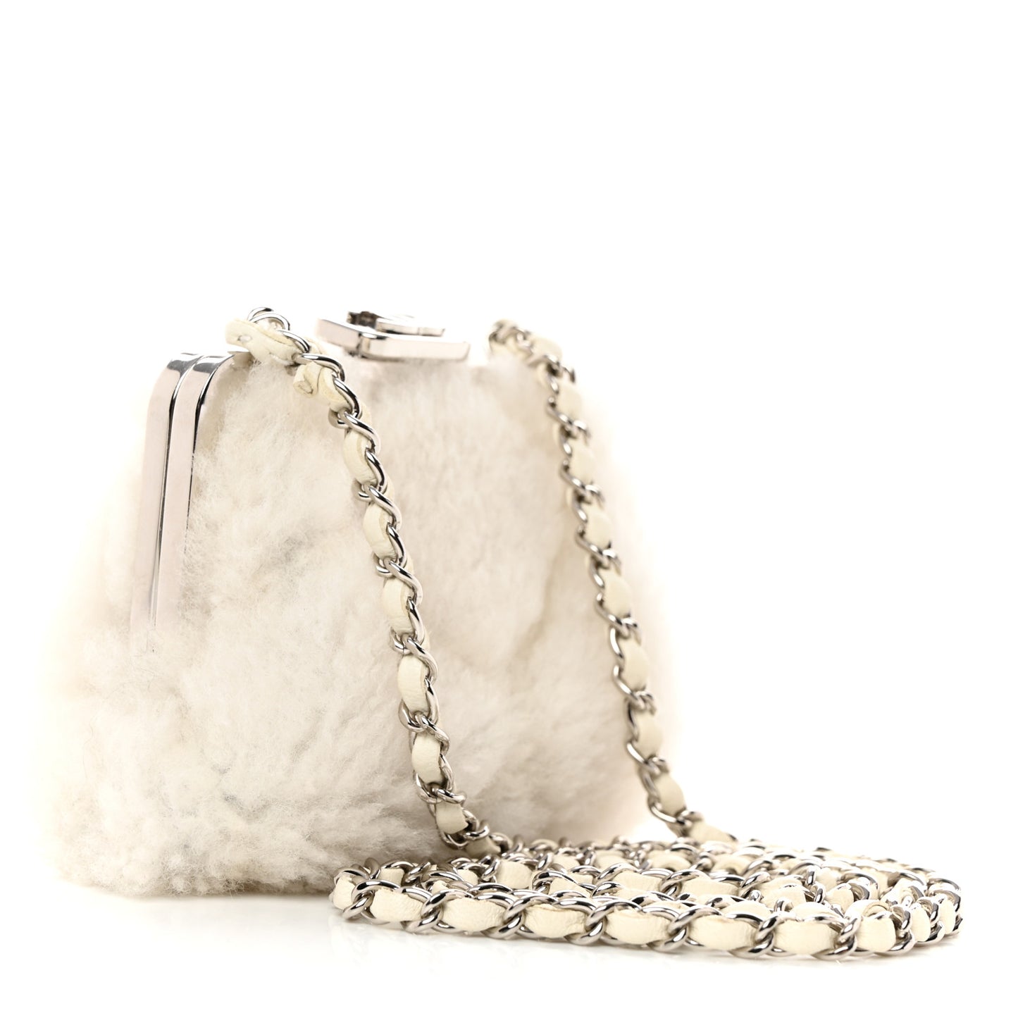 Shearling Sheepskin Lambskin Quilted Clutch With Chain White