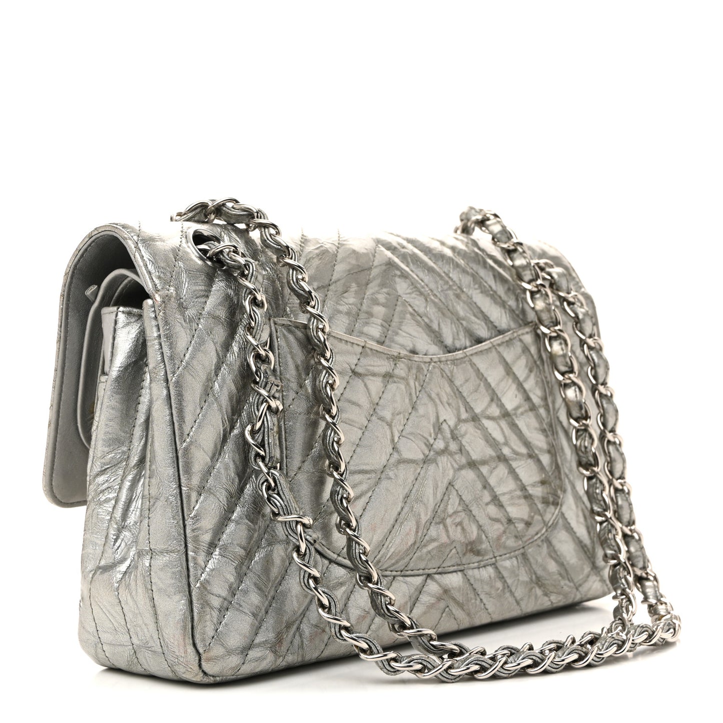 Metallic Patent Crumpled Calfskin Chevron Quilted Medium Double Flap Silver