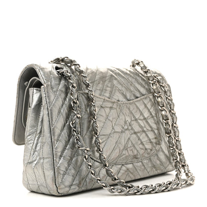 Chanel Metallic Patent Crumpled Calfskin Chevron Quilted Medium Double Flap Silver 3 of 15
