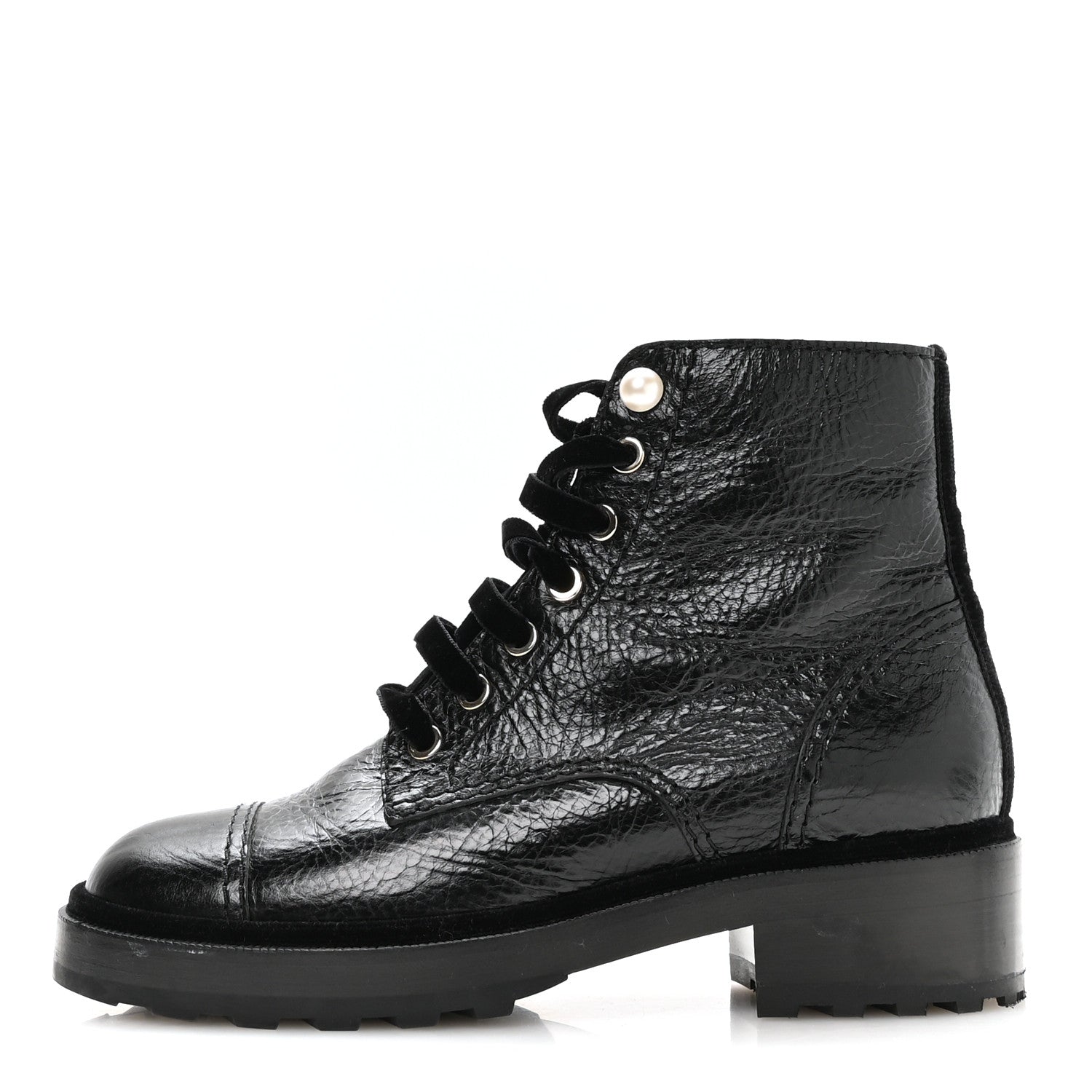Chanel Shiny Calfskin Velvet Pearl Combat Short Boots 37.5 Black 1 of 9
