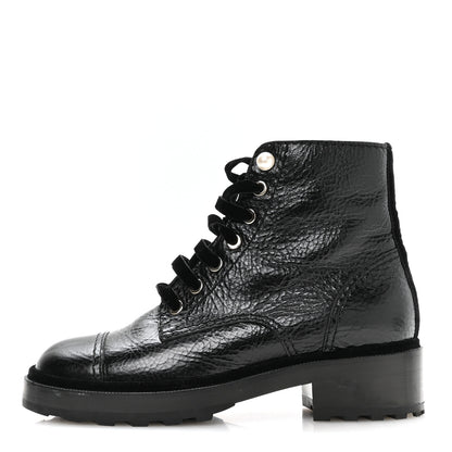 Chanel Shiny Calfskin Velvet Pearl Combat Short Boots 37.5 Black 1 of 9