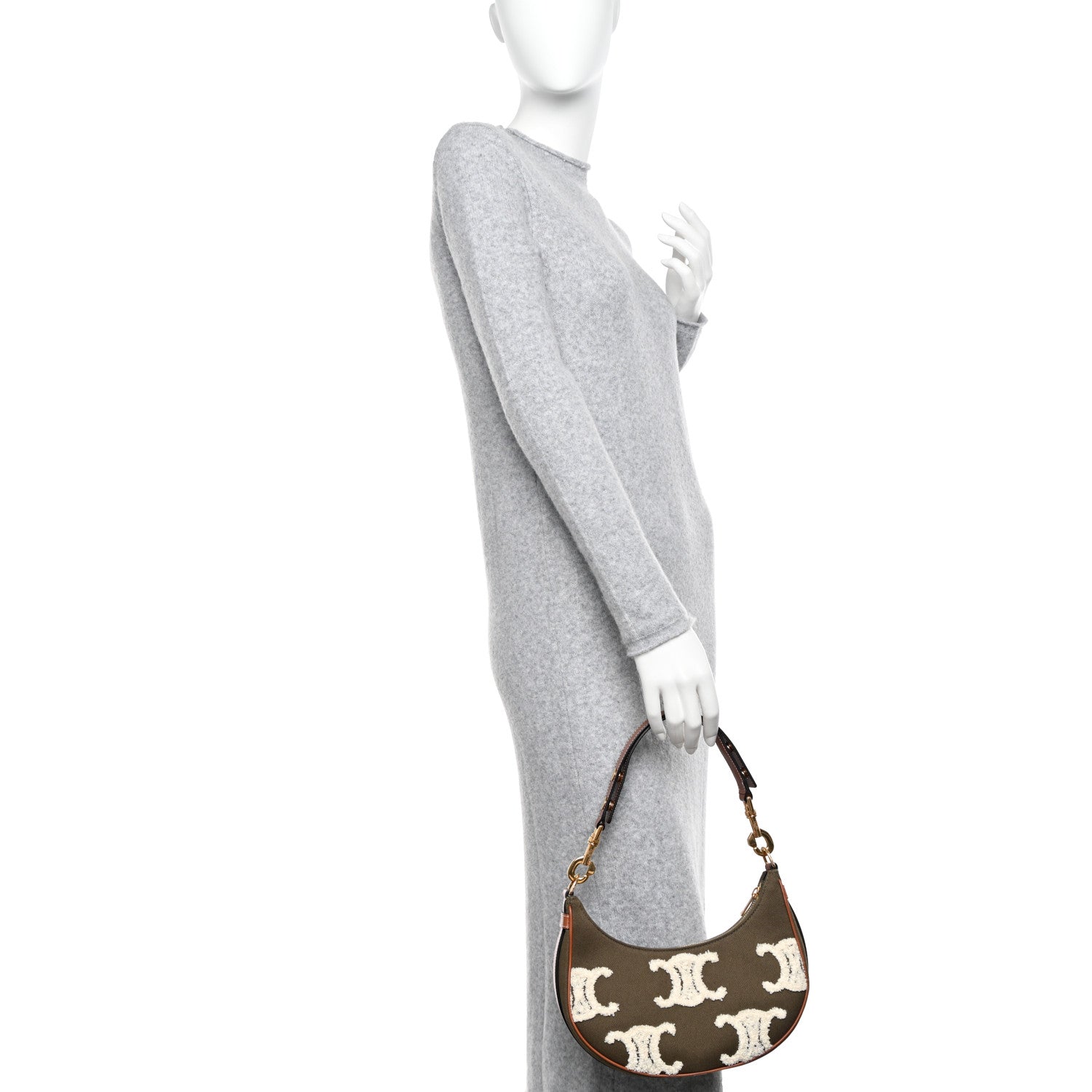Celine Cotton Gabardine Bouclette Embroidered Medium Strap Ava Triomphe Shoulder Bag Khaki Tan 2 of 9