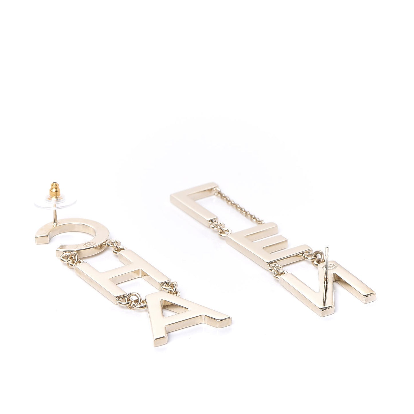 Metal Cha-Nel Logo Drop Earrings Gold