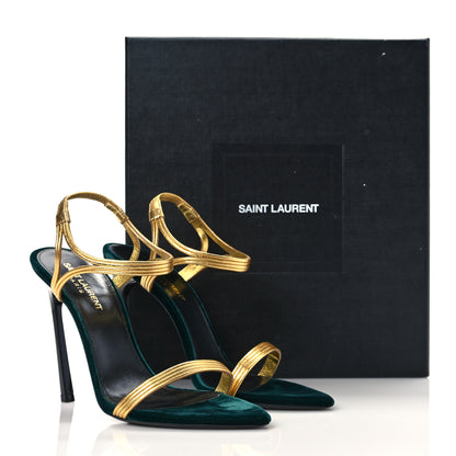 Saint Laurent Metallic Velvet Talitha Ankle Strap Sandals 39 Green Gold 9 of 9