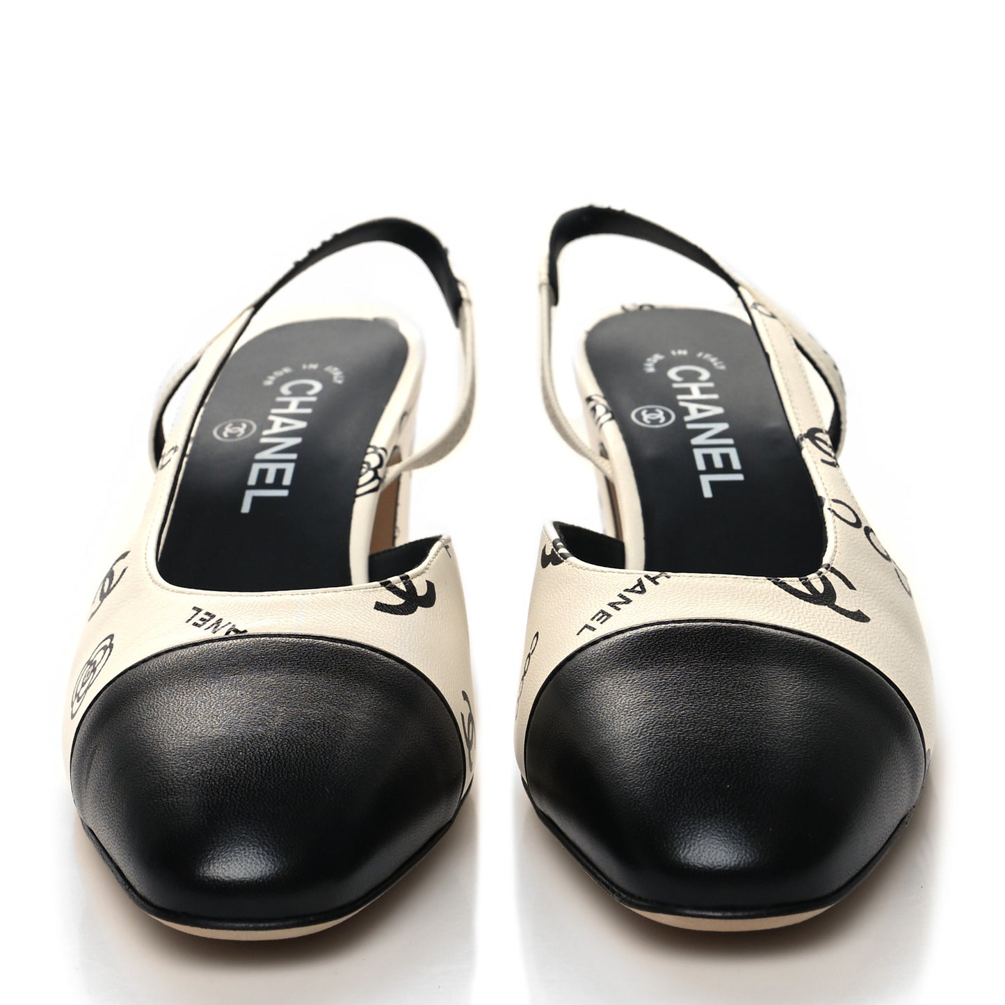 Printed Lambskin Cap Toe CC Slingback Pumps 38.5 Black White