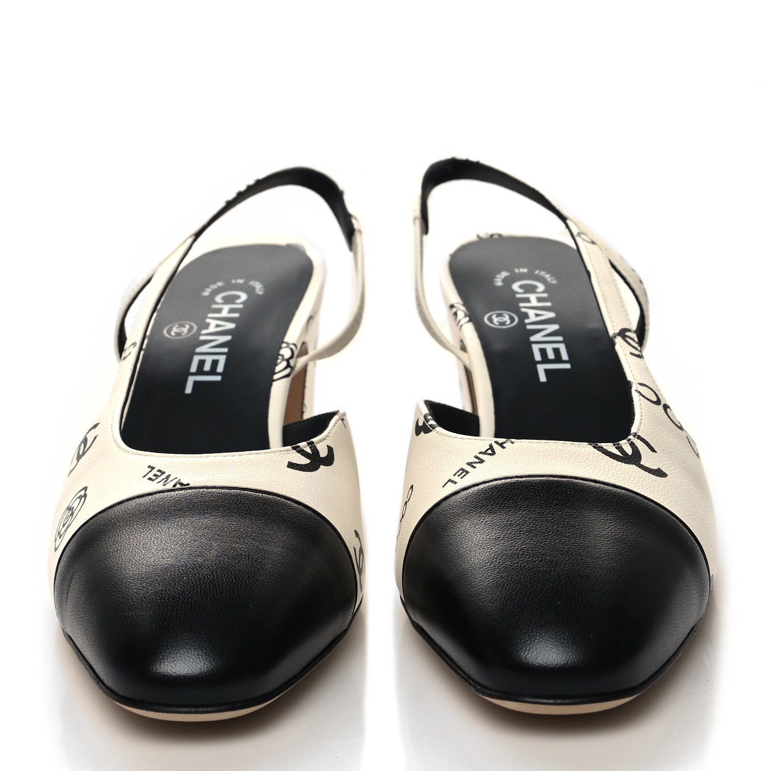 Chanel Printed Lambskin Cap Toe CC Slingback Pumps 38.5 Black White 2 of 8