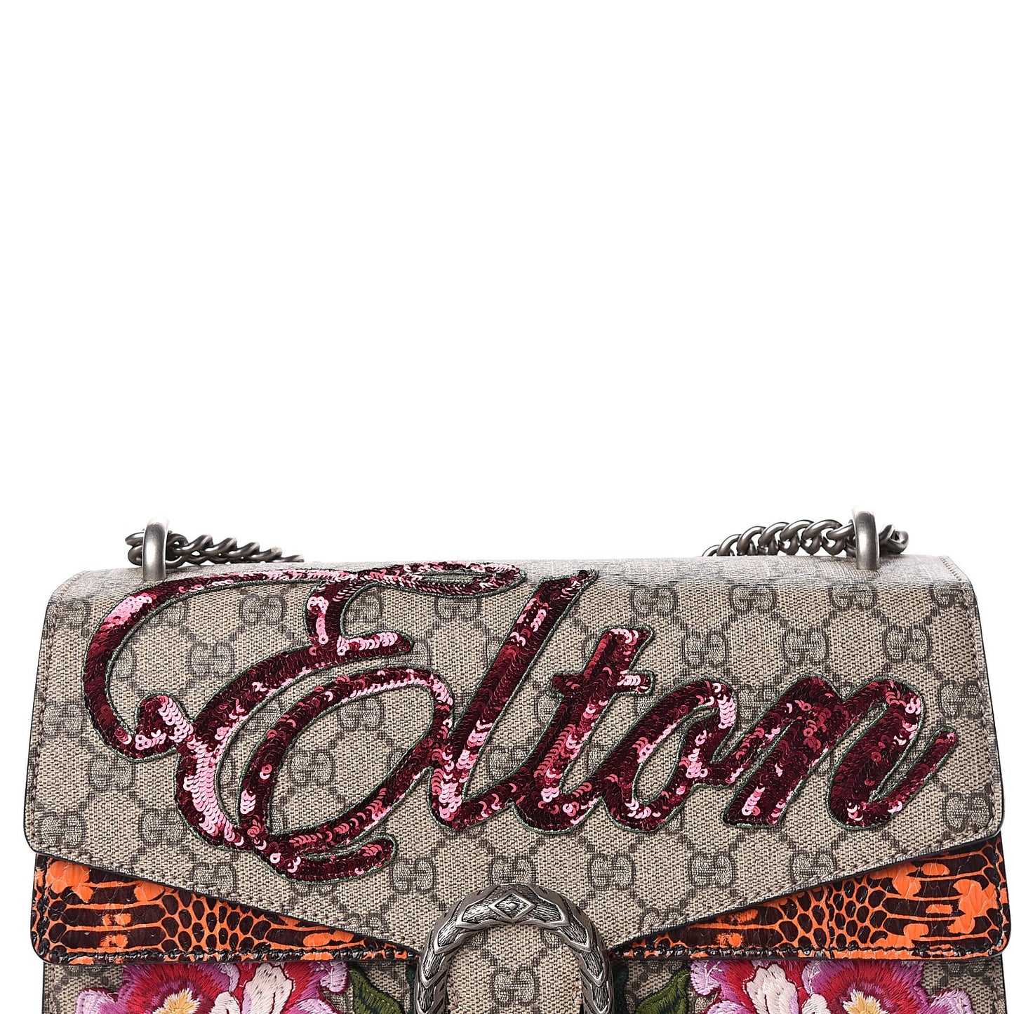 GG Supreme Monogram Snakeskin Elton Embroidered Medium Dionysus Shoulder Bag Beige Orange
