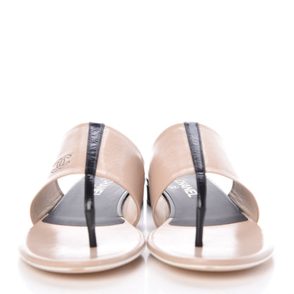 Chanel Calfskin CC Thong Sandals 41 Beige Black 2 of 9