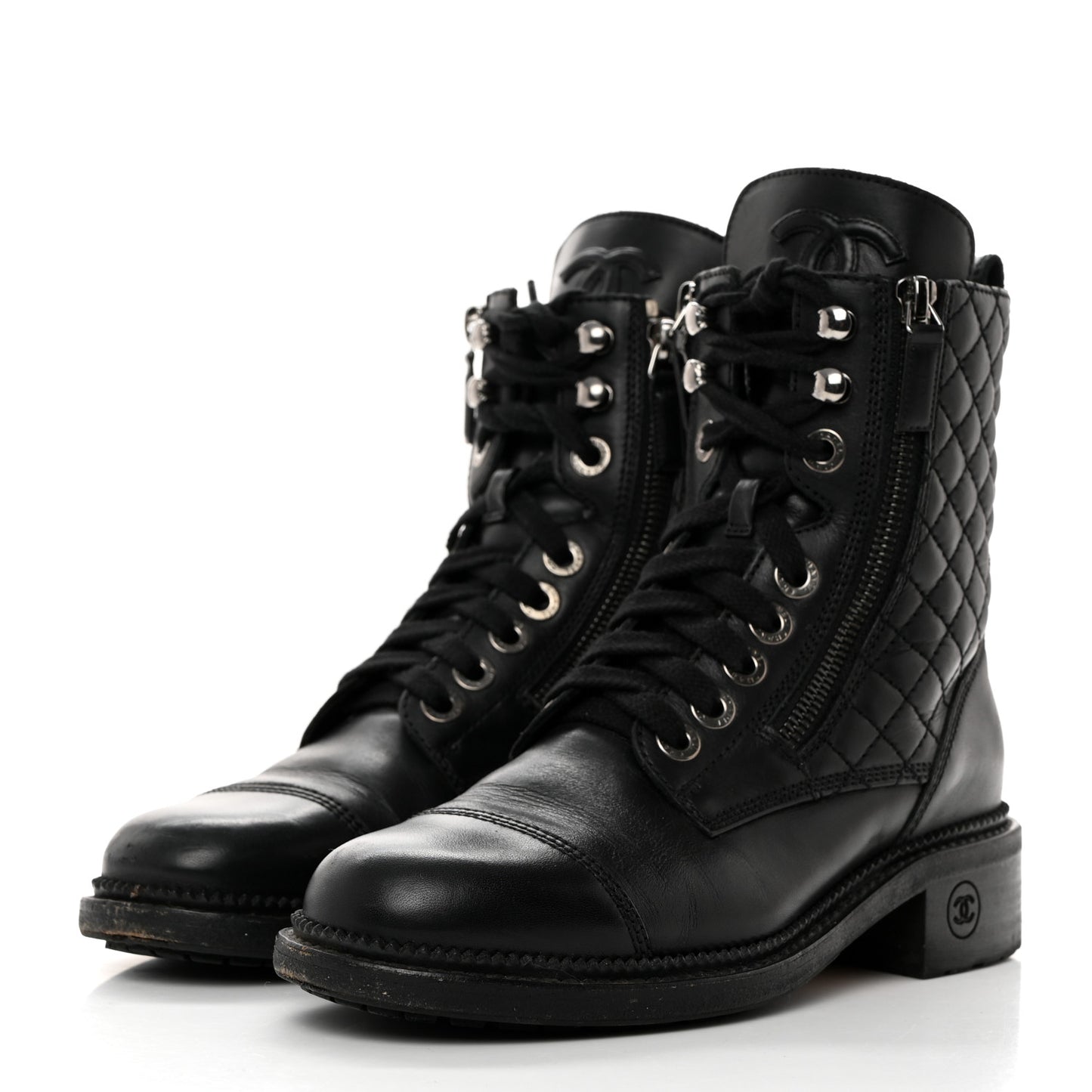 Calfskin Quilted Lace Up Combat Boots 36 Black
