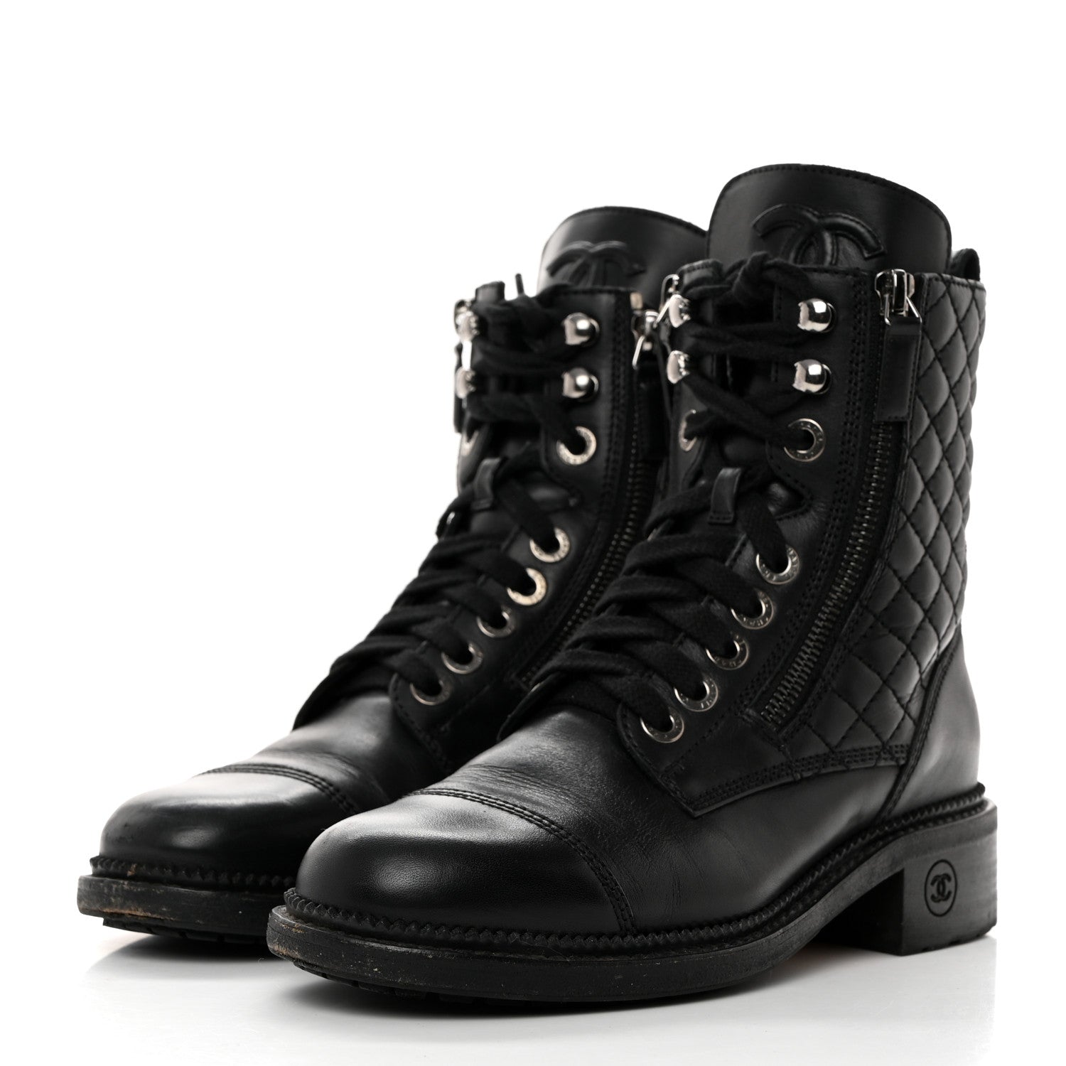 Chanel Calfskin Quilted Lace Up Combat Boots 36 Black 3 of 8