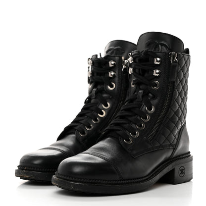 Chanel Calfskin Quilted Lace Up Combat Boots 36 Black 3 of 8