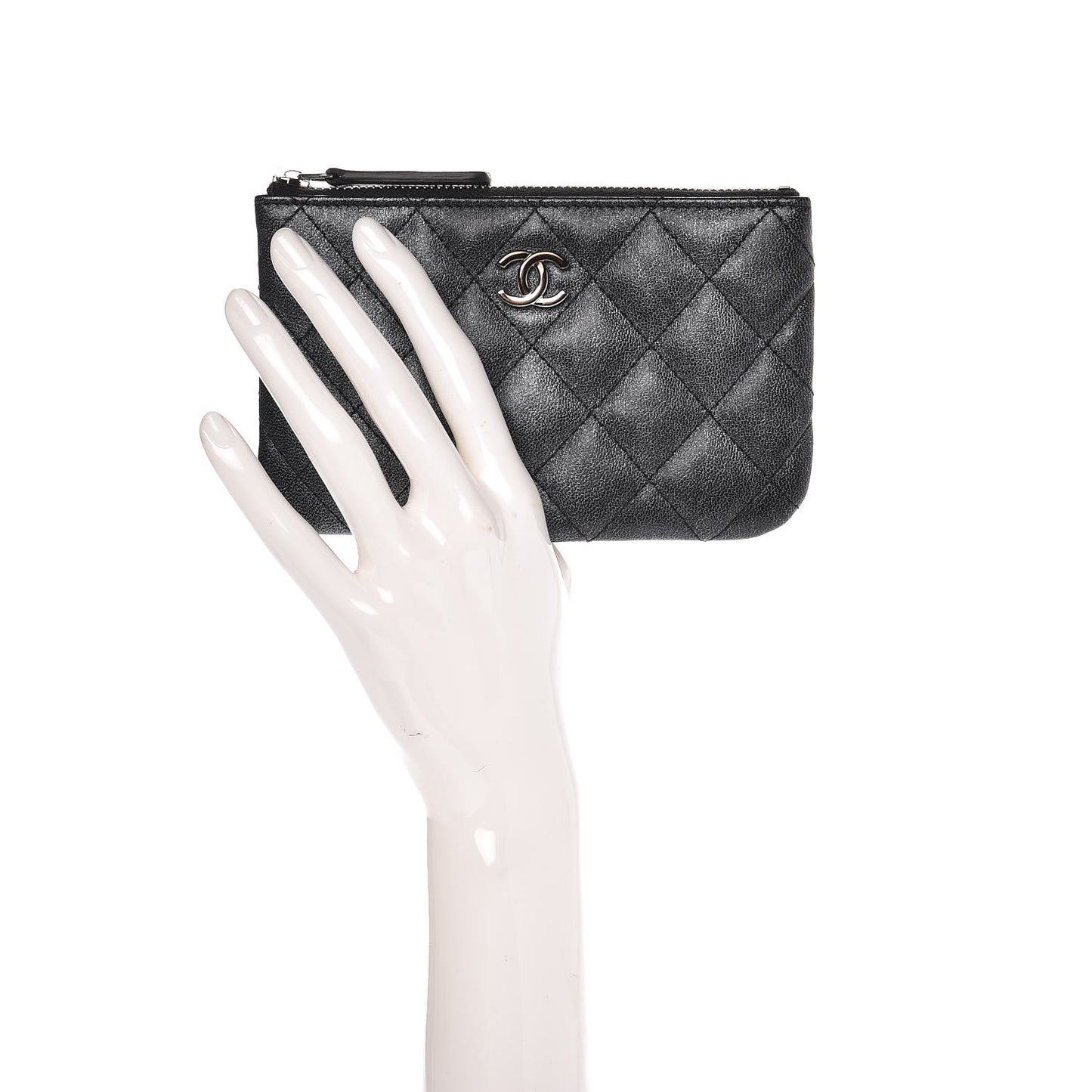 Metallic Goatskin Quilted Small Cosmetic Case Dark Grey