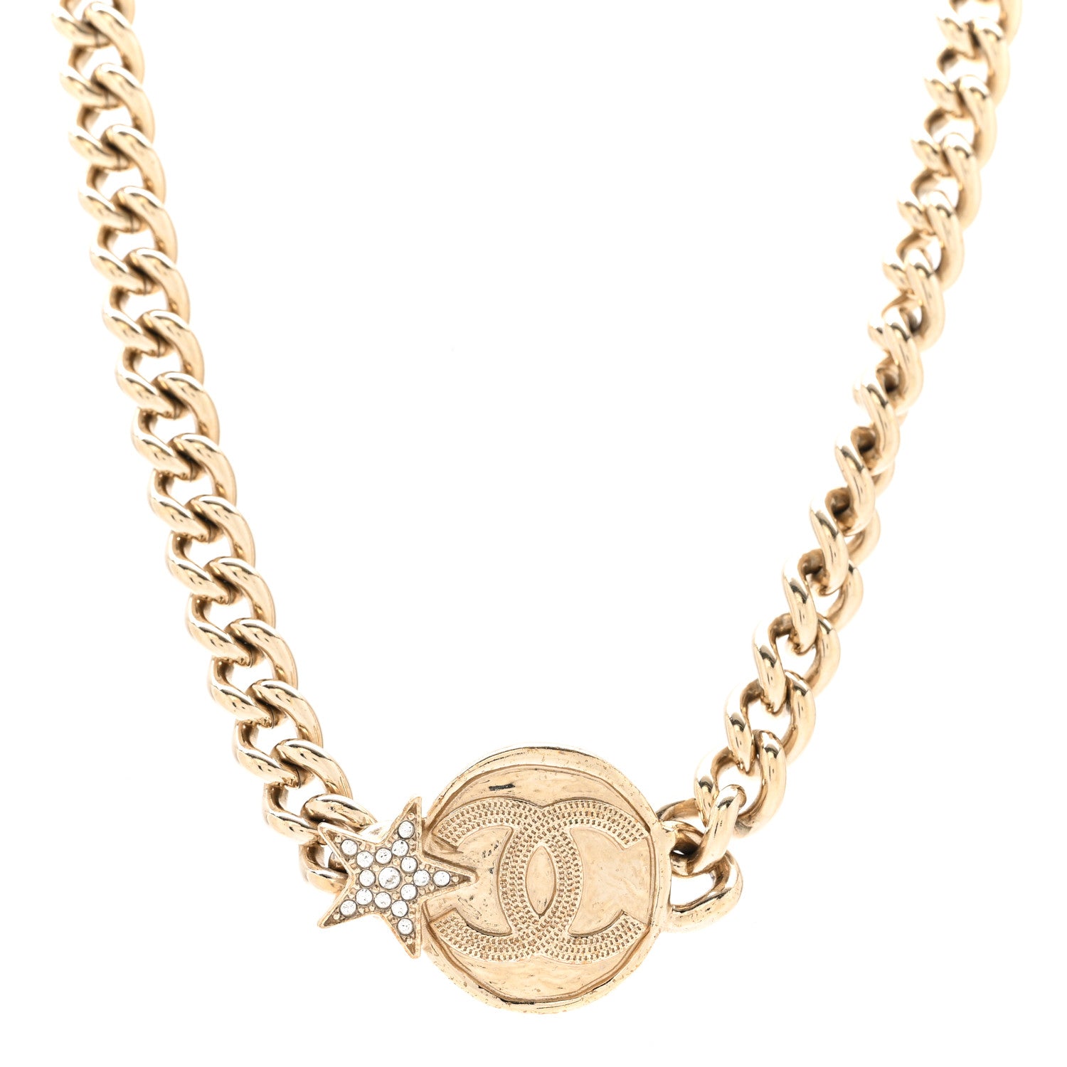 Chanel Metal Crystal Textured CC Star Chain Choker Necklace Gold 1 of 6