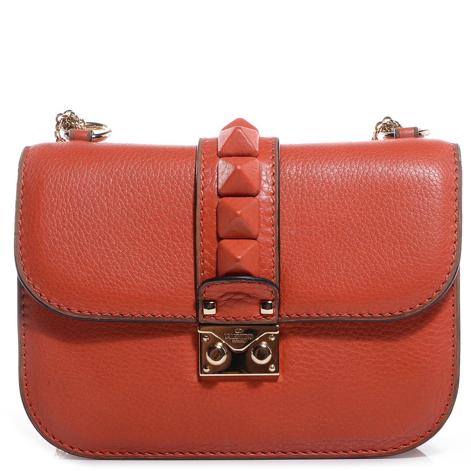 Valentino Garavani Pebbled Calfskin Monochrome Small Glam Lock Rockstud Flap English Red 1 of 8
