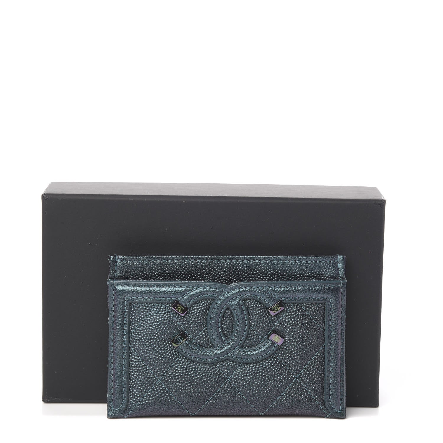 Chanel Iridescent Caviar Quilted Filigree Card Holder Dark Turquoise 8 of 8