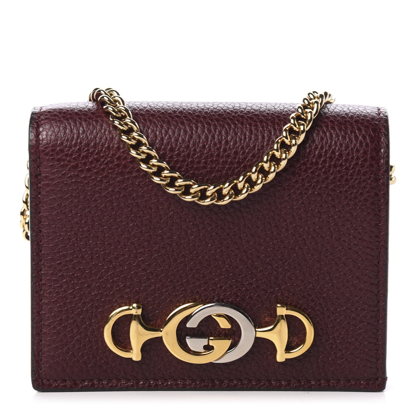 Grainy Calfskin Zumi Chain Card Case Wallet Vintage Bordeaux