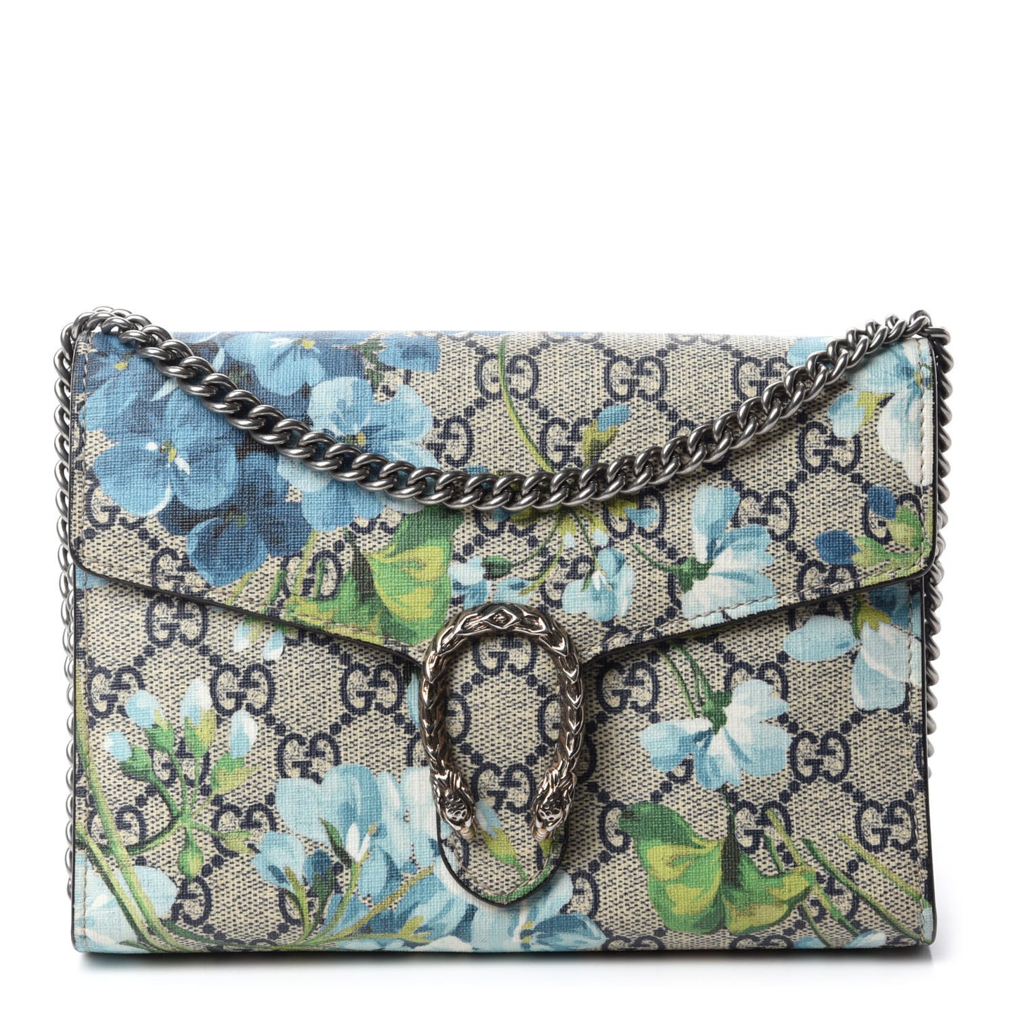 GG Supreme Monogram Blooms Mini Dionysus Chain Wallet Beige Blue Navy Vintage Blue