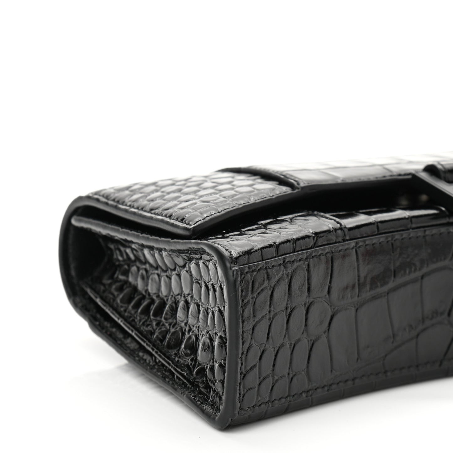 Shiny Calfskin Monochrome Crocodile Embossed Small Hourglass Evening Chain Bag Black