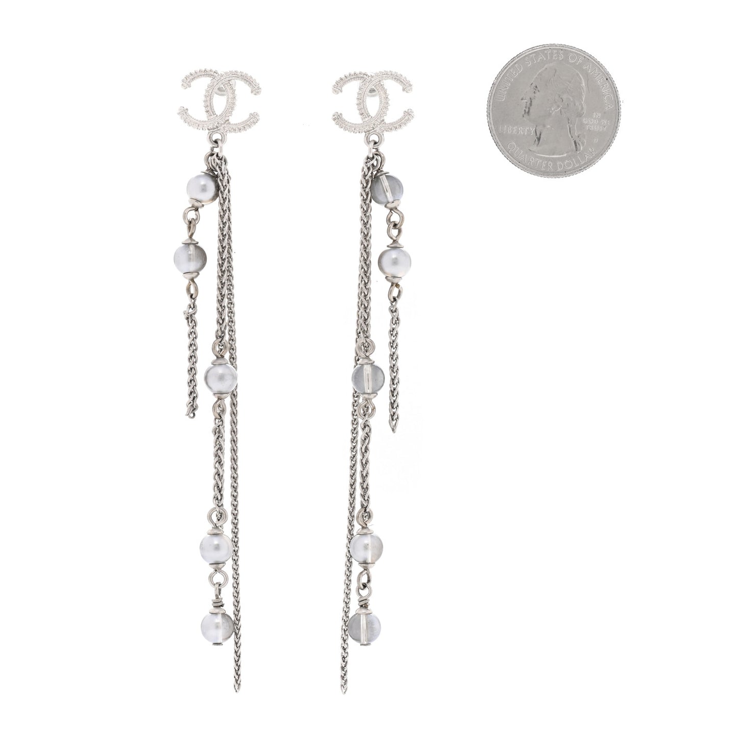 Metal Chain Pearl CC Drop Earrings Silver