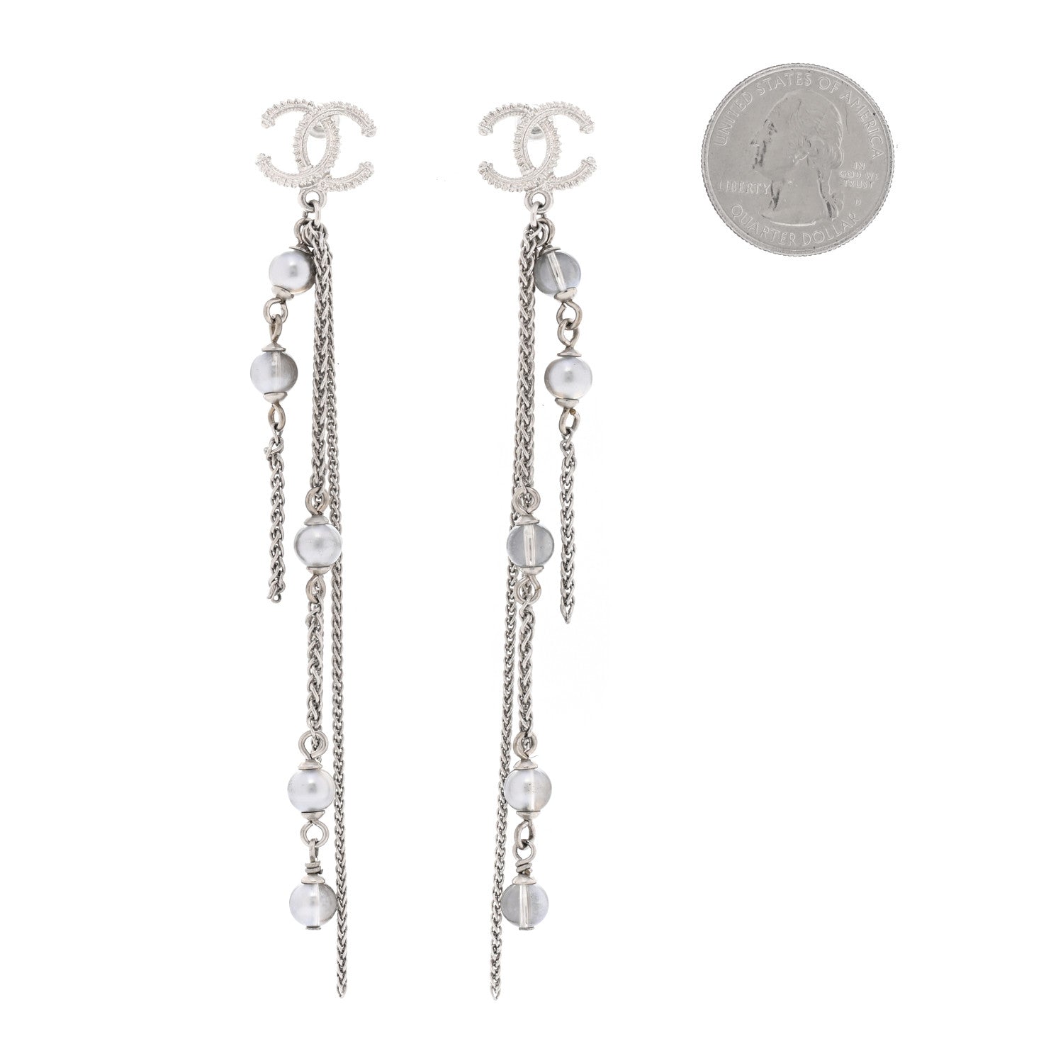Chanel Metal Chain Pearl CC Drop Earrings Silver 2 of 5