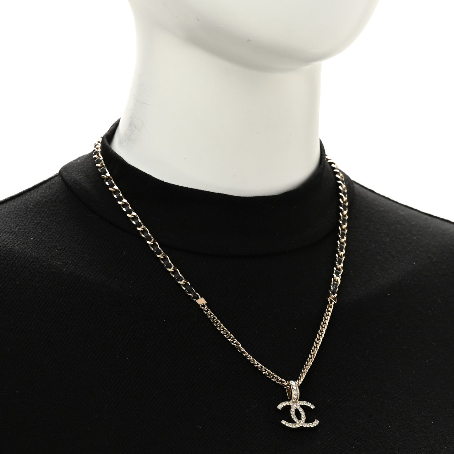 Lambskin Crystal CC Chain Pendant Necklace Black Gold