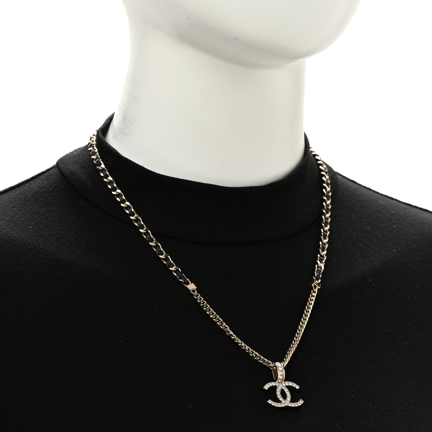 Chanel Lambskin Crystal CC Chain Pendant Necklace Black Gold 2 of 6
