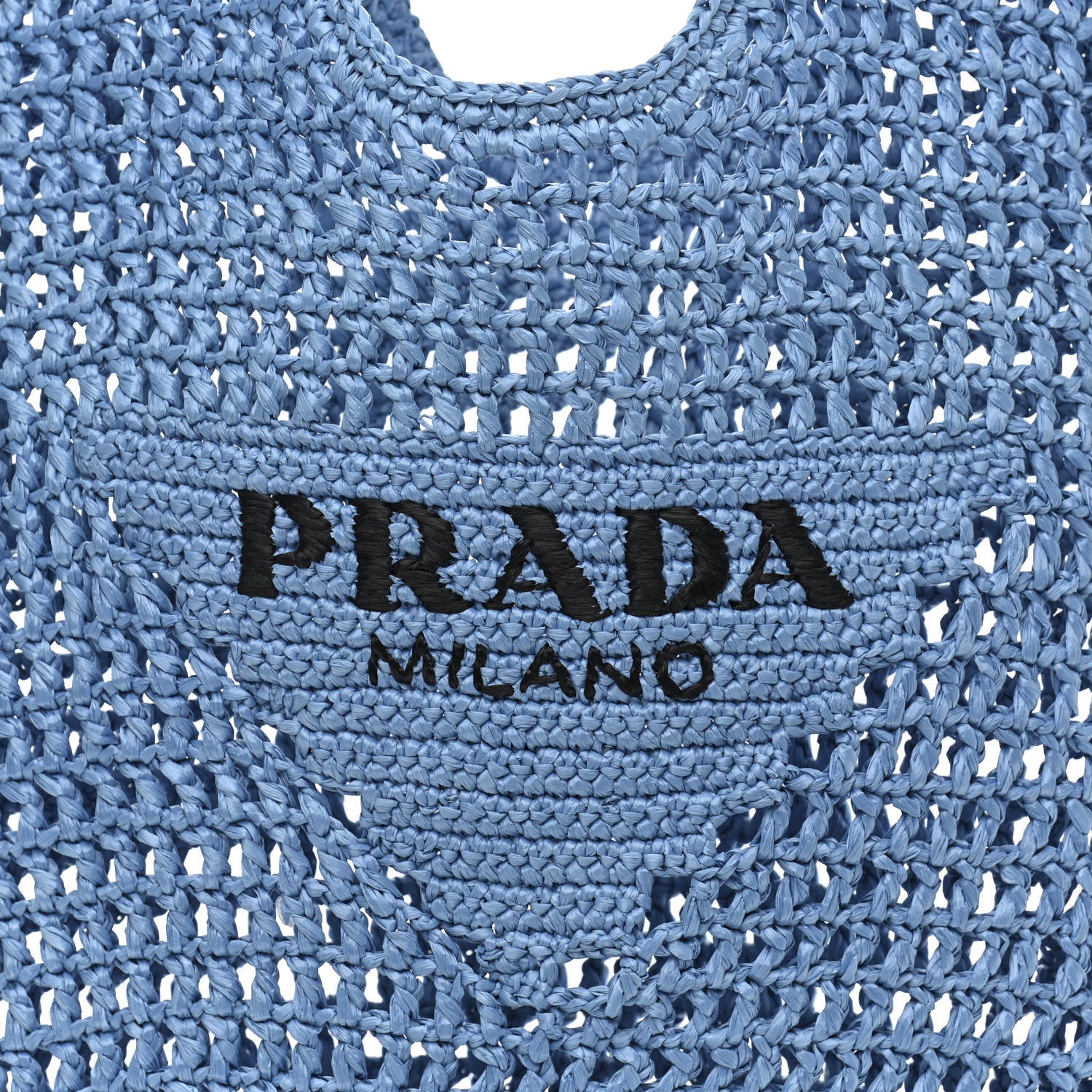 Prada Yarn Raffia Effect Crochet Logo Embroidered Shopping Tote Bag Celeste 7 of 10