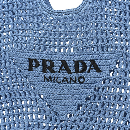 Prada Yarn Raffia Effect Crochet Logo Embroidered Shopping Tote Bag Celeste 7 of 10