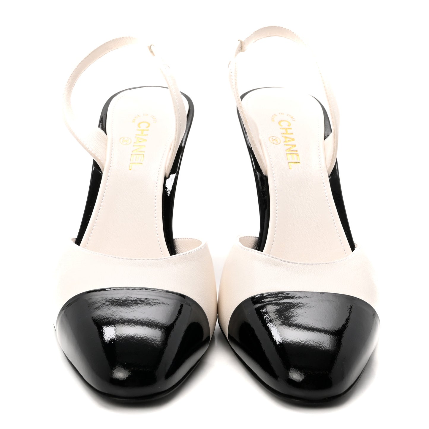 Lambskin Patent Cap Toe CC Apple Slingback Pumps 37 White Black
