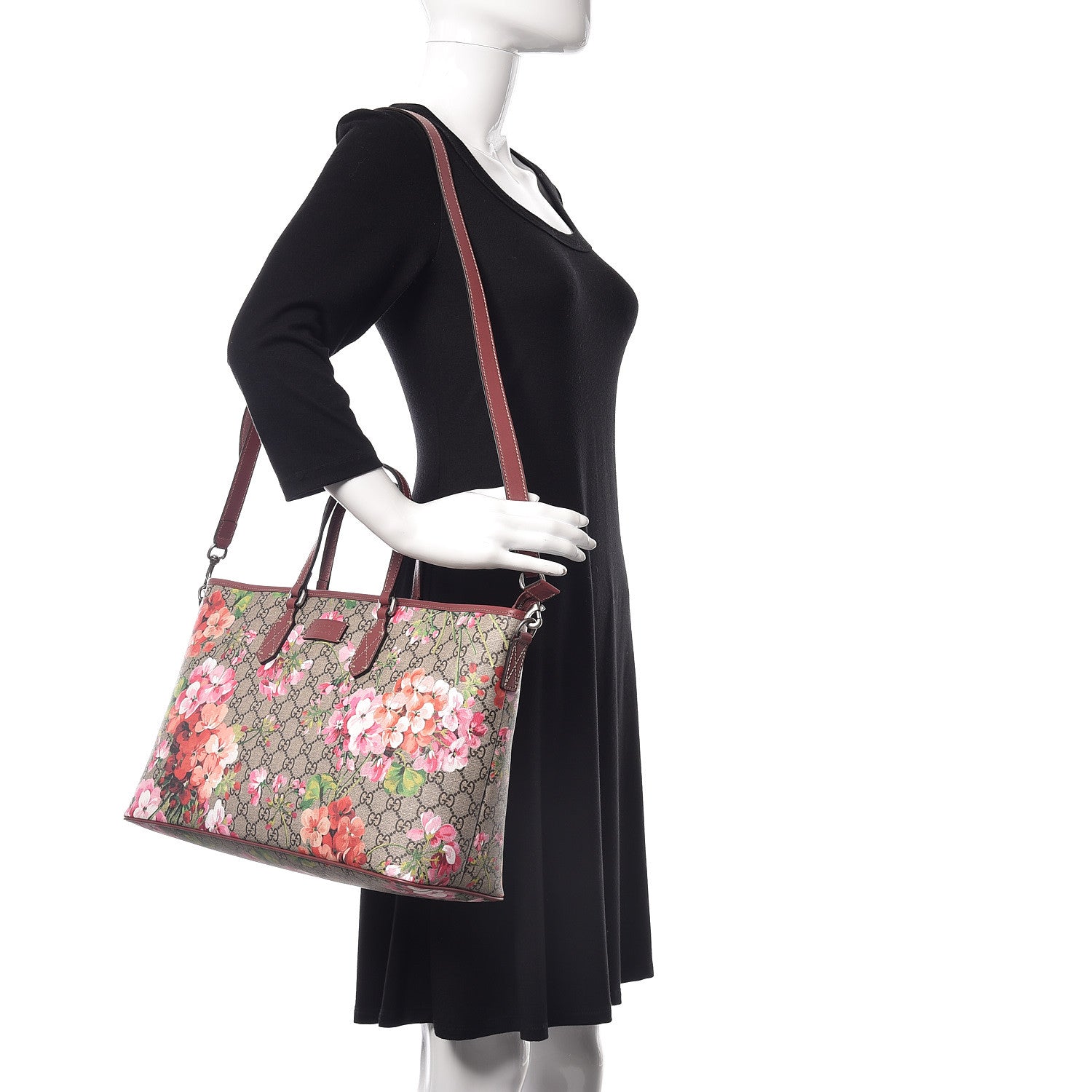 Gucci GG Supreme Monogram Blooms Medium Zippered Tote Beige Multicolor Dry Rose 2 of 10