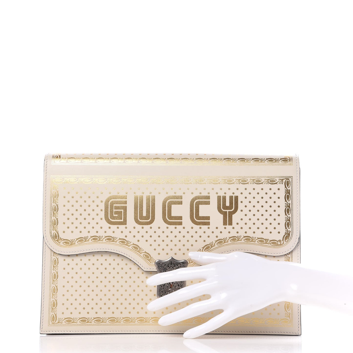 X SEGA Calfskin GUCCY Stars Portfolio Bag Mystic White Gold