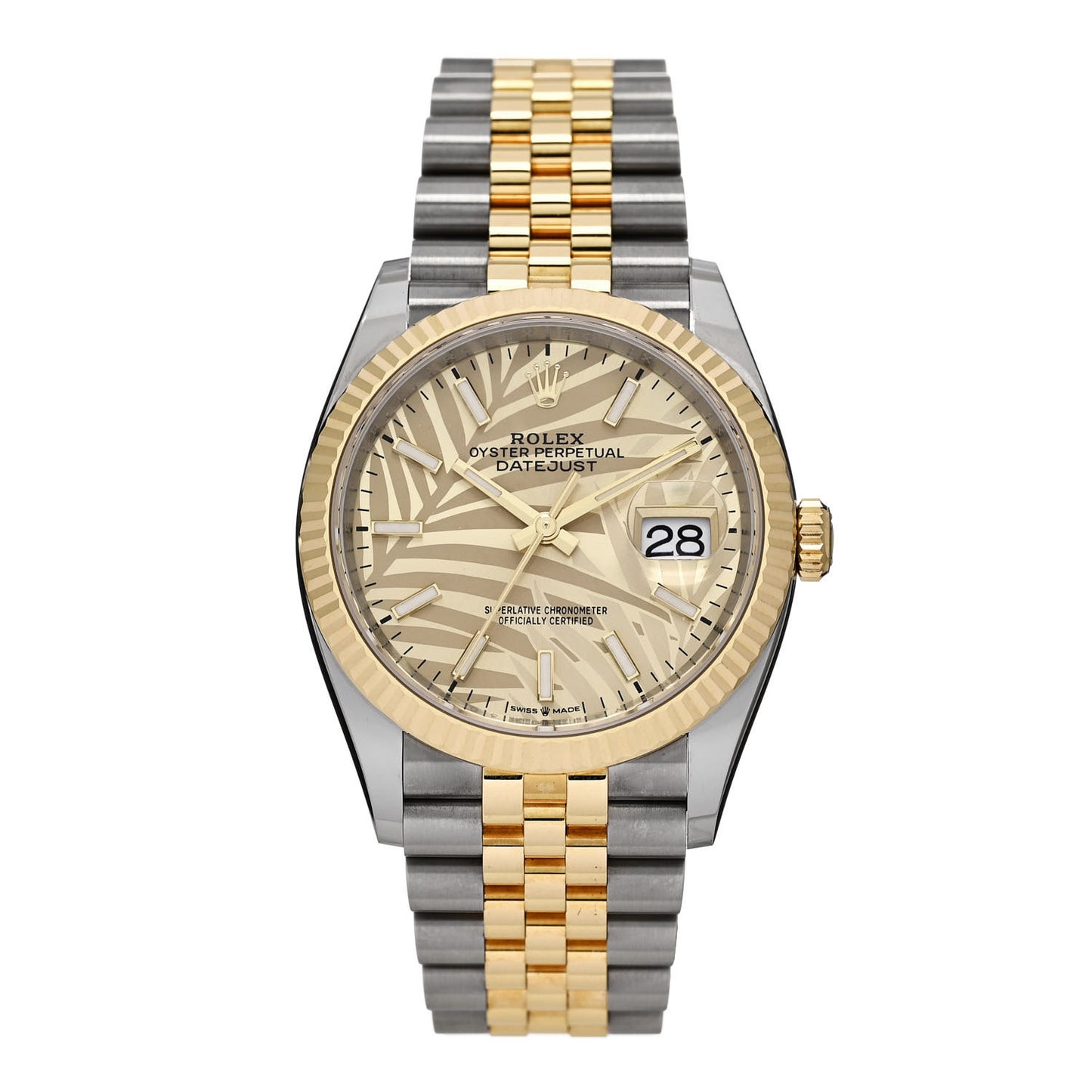 Stainless Steel 18K Yellow Gold 36mm Oyster Perpetual Datejust Watch Golden Palm 126233