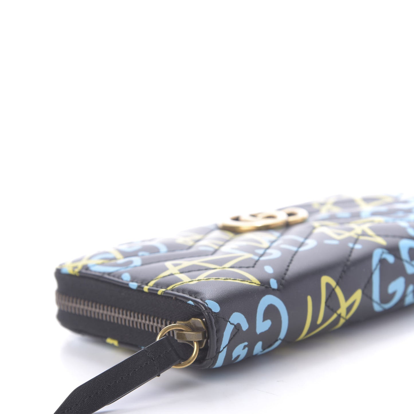 Calfskin Matelasse GucciGhost GG Marmont Zip Around Wallet Black New Acquamarine