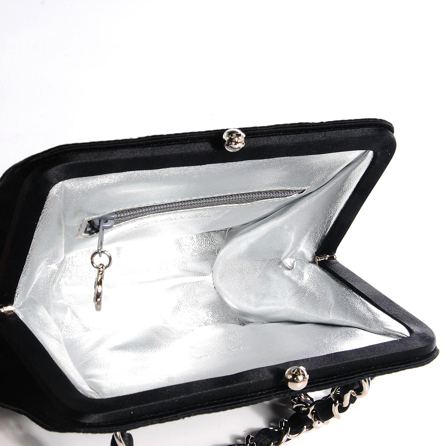 Satin Quilted CC Kiss Lock Evening Bag Black