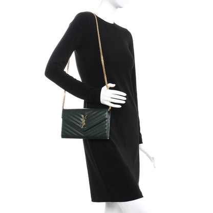 Saint Laurent Grain De Poudre Matelasse Chevron Monogram Chain Wallet Dark Green 2 of 7