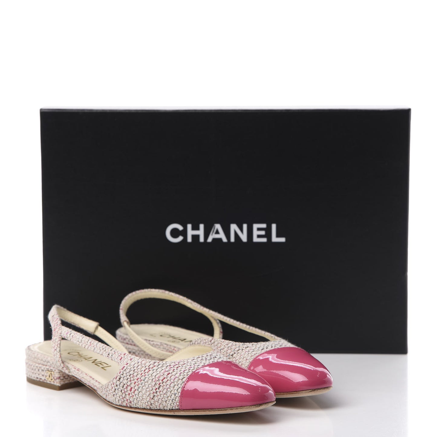 Tweed Patent Cap Toe CC Slingback Flat 36.5 Pink White