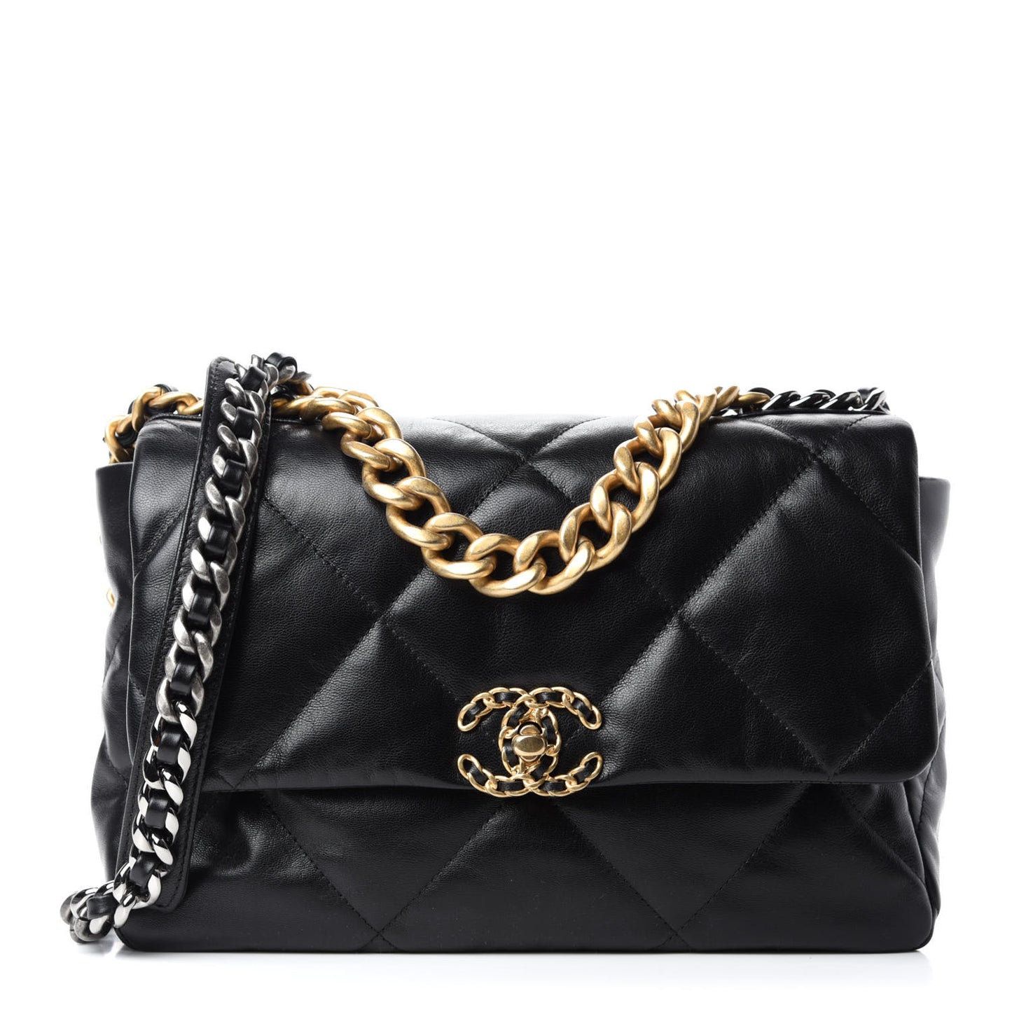 Shiny Goatskin Quilted Large Chanel 19 Flap Black