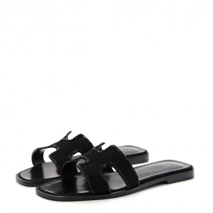 Hermes Suede Goatskin Crystal Oran Sandals 37 Black 3 of 11