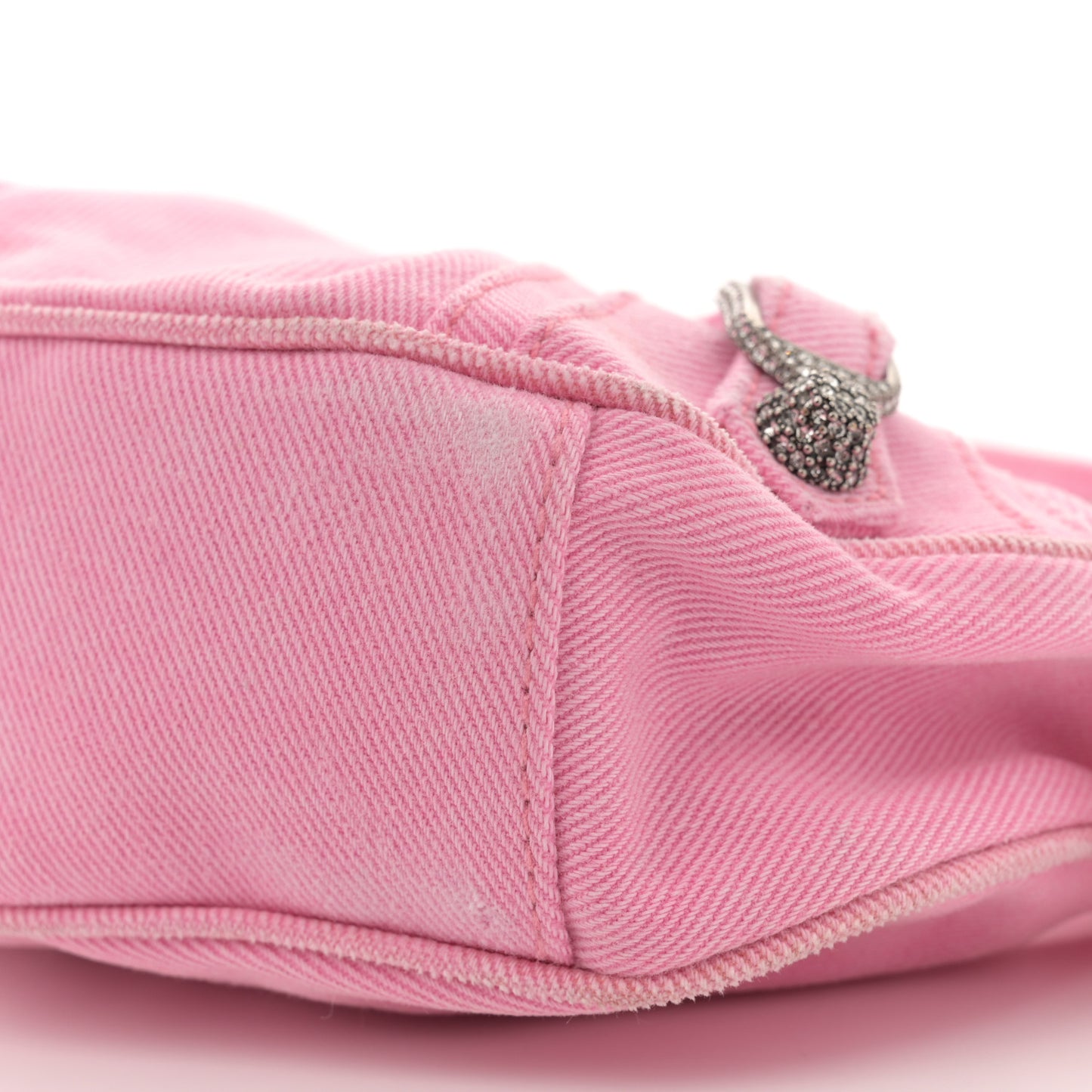 Washed Frayed Denim Crystal Le Cagole Shoulder Bag XS Denim Pink
