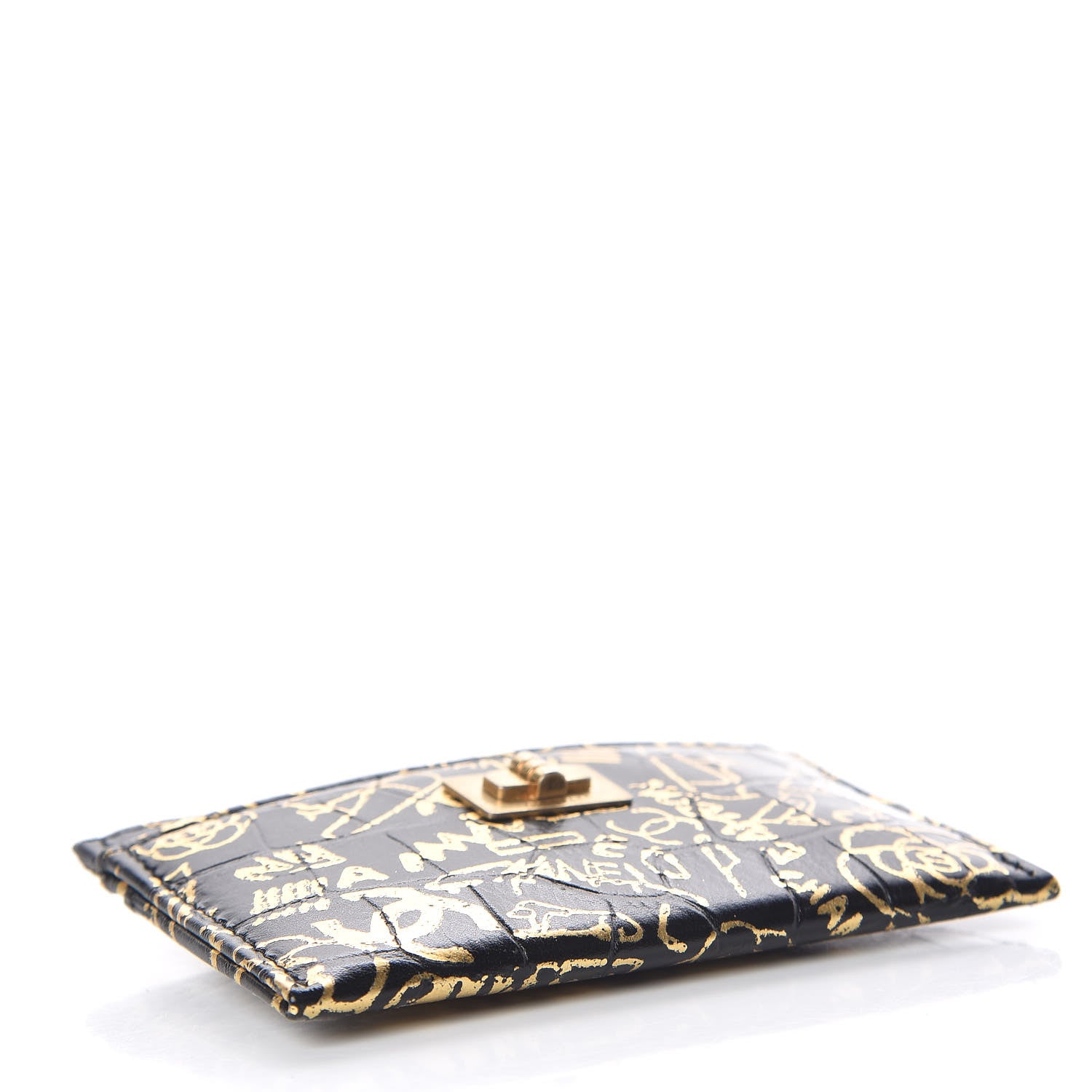 Chanel Calfskin Crocodile Embossed Graffiti 2.55 Cocodile Reissue Card Holder Black Gold 4 of 9