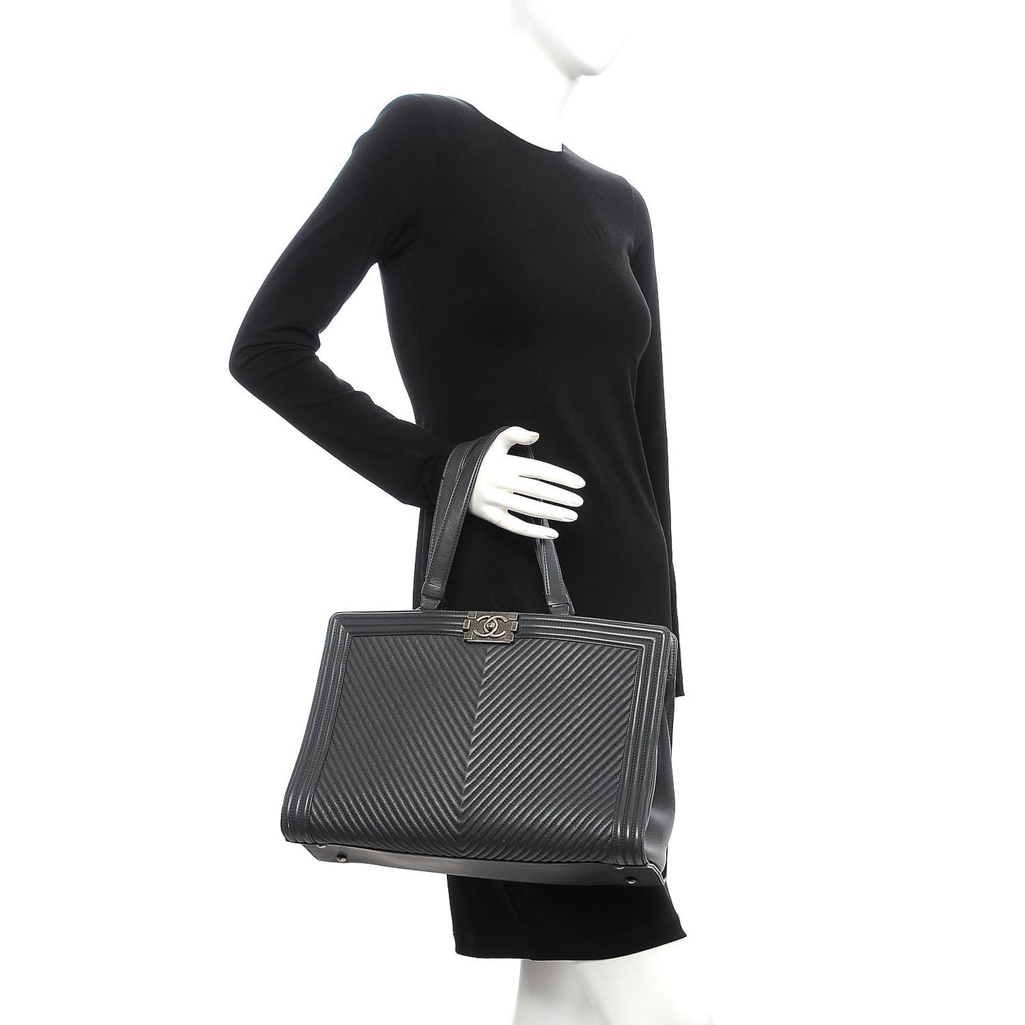 Calfskin Chevron Quilted Boy Shopping Tote Grey