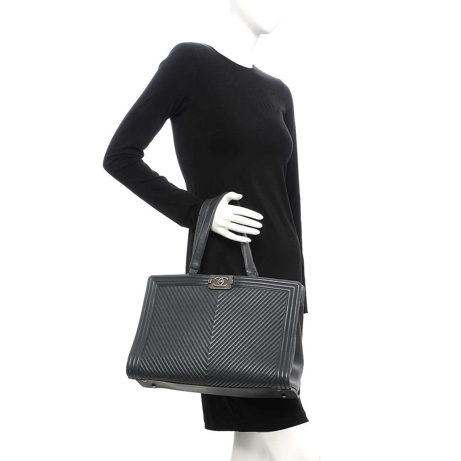 Chanel Calfskin Chevron Quilted Boy Shopping Tote Grey 2 of 7